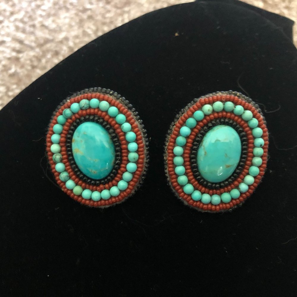 Turquoise Stone and Red/Black Beaded Earrings